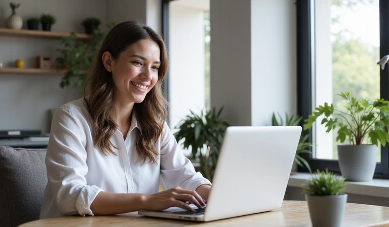 Donna sorridente che fa una videochiamata dal suo computer portatile
