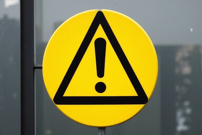 Simbolo di avvertimento giallo e nero su sfondo sfocato