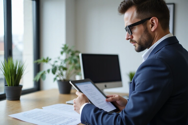 Uomo che legge un documento legale con un computer sullo sfondo