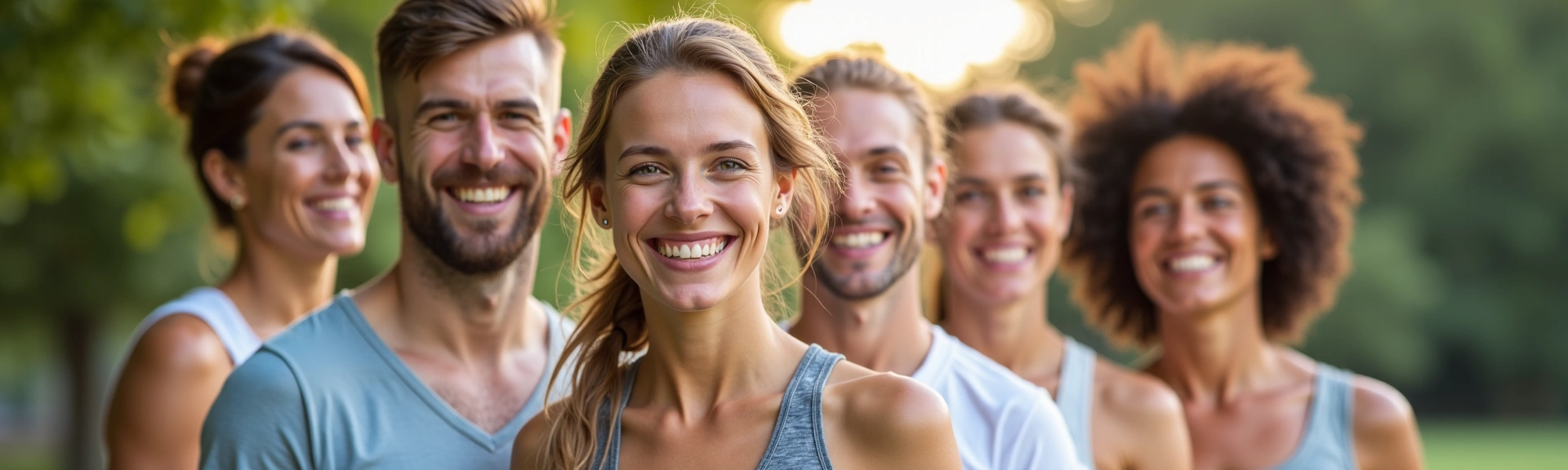Gruppo di persone felici e in salute che sorridono e praticano attività leggera