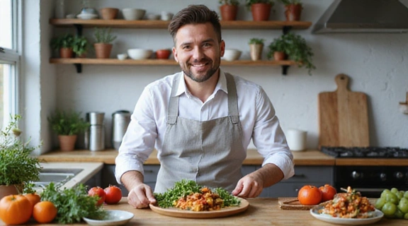 Uomo che prepara un pasto sano in cucina